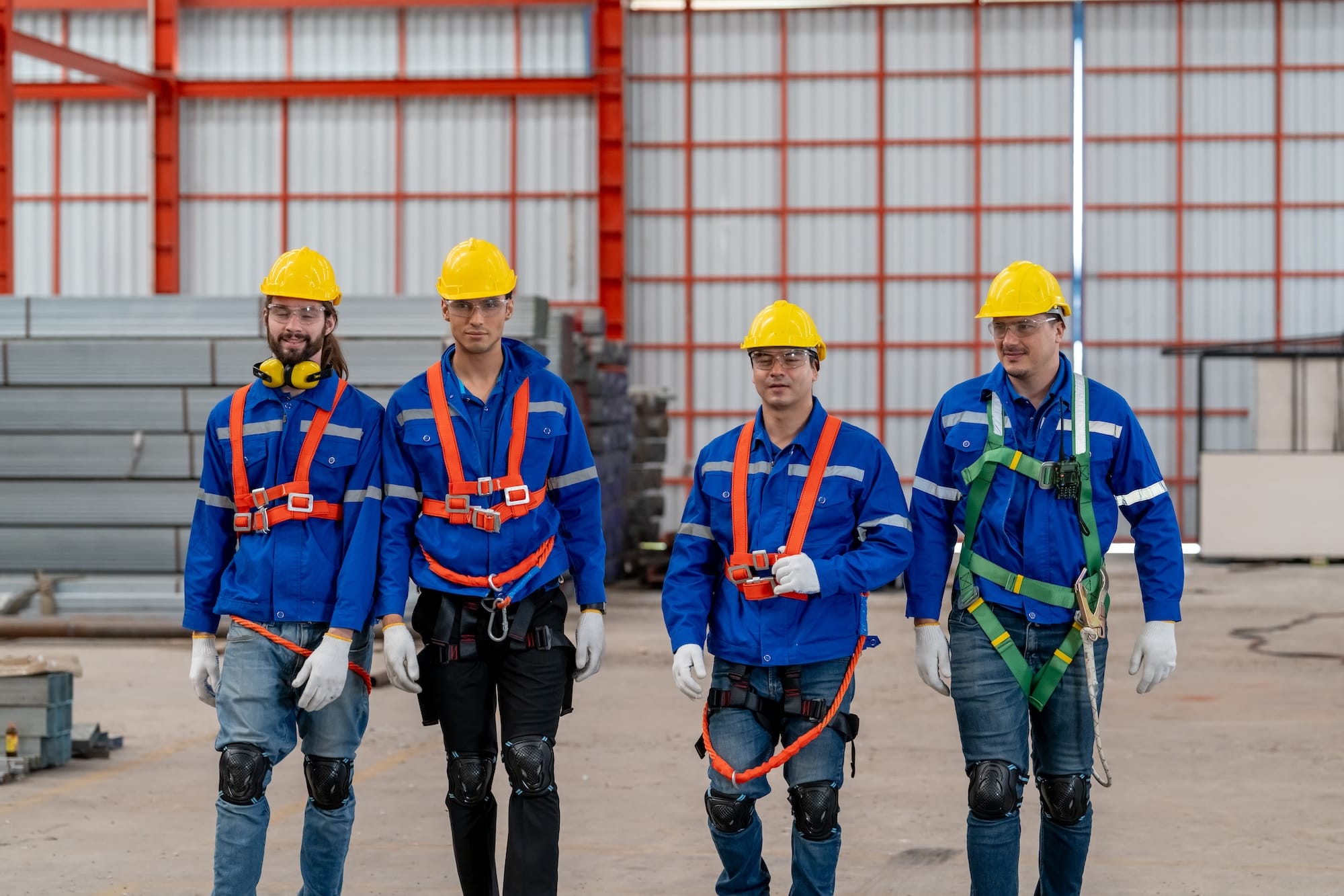 A group of factory workers wearing hard hats and lanyards